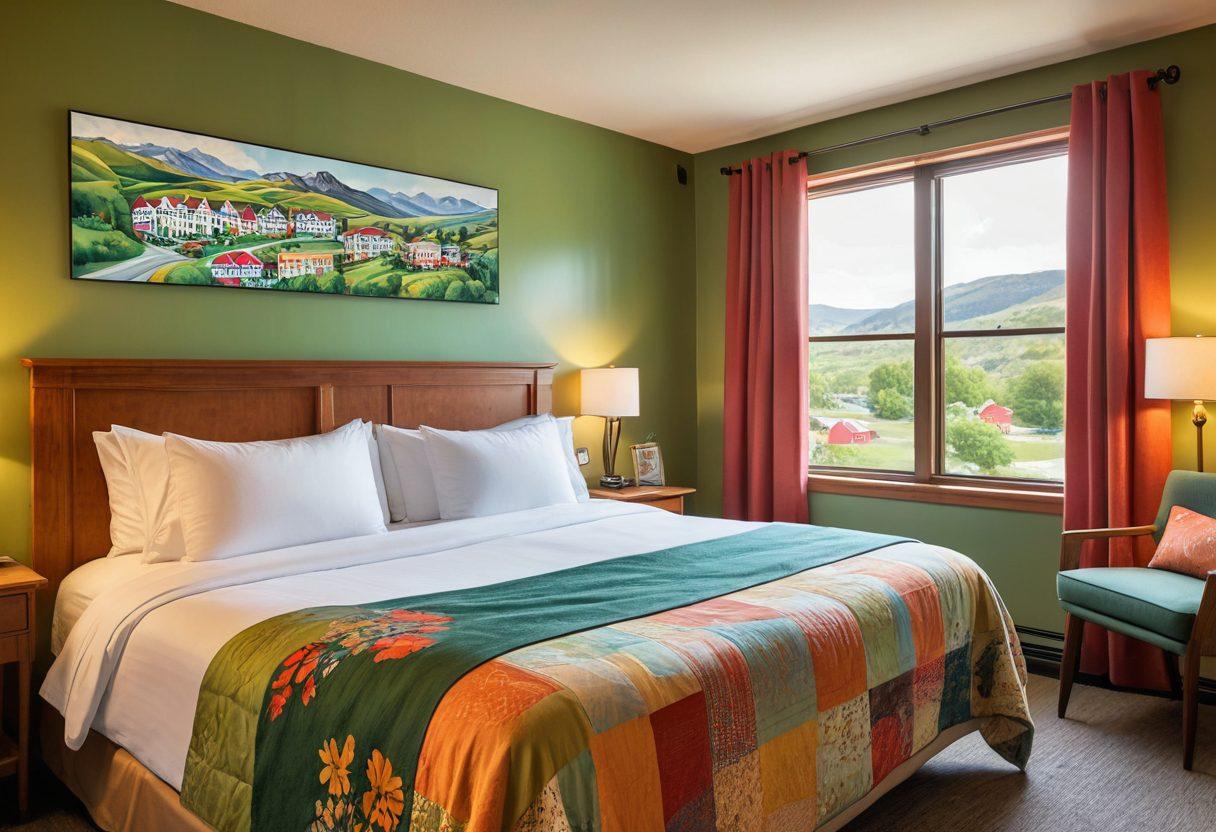 A cozy motel room exuding warmth and comfort, with a view of picturesque local attractions through the window. On the bedside table, a map of the area alongside travel brochures showcasing budget-friendly tours. A happy family is seen enjoying their stay, with a backdrop of vibrant landscapes outside. Emphasize elements of affordability and enjoyment in travel. vibrant colors. super-realistic. cozy ambiance.