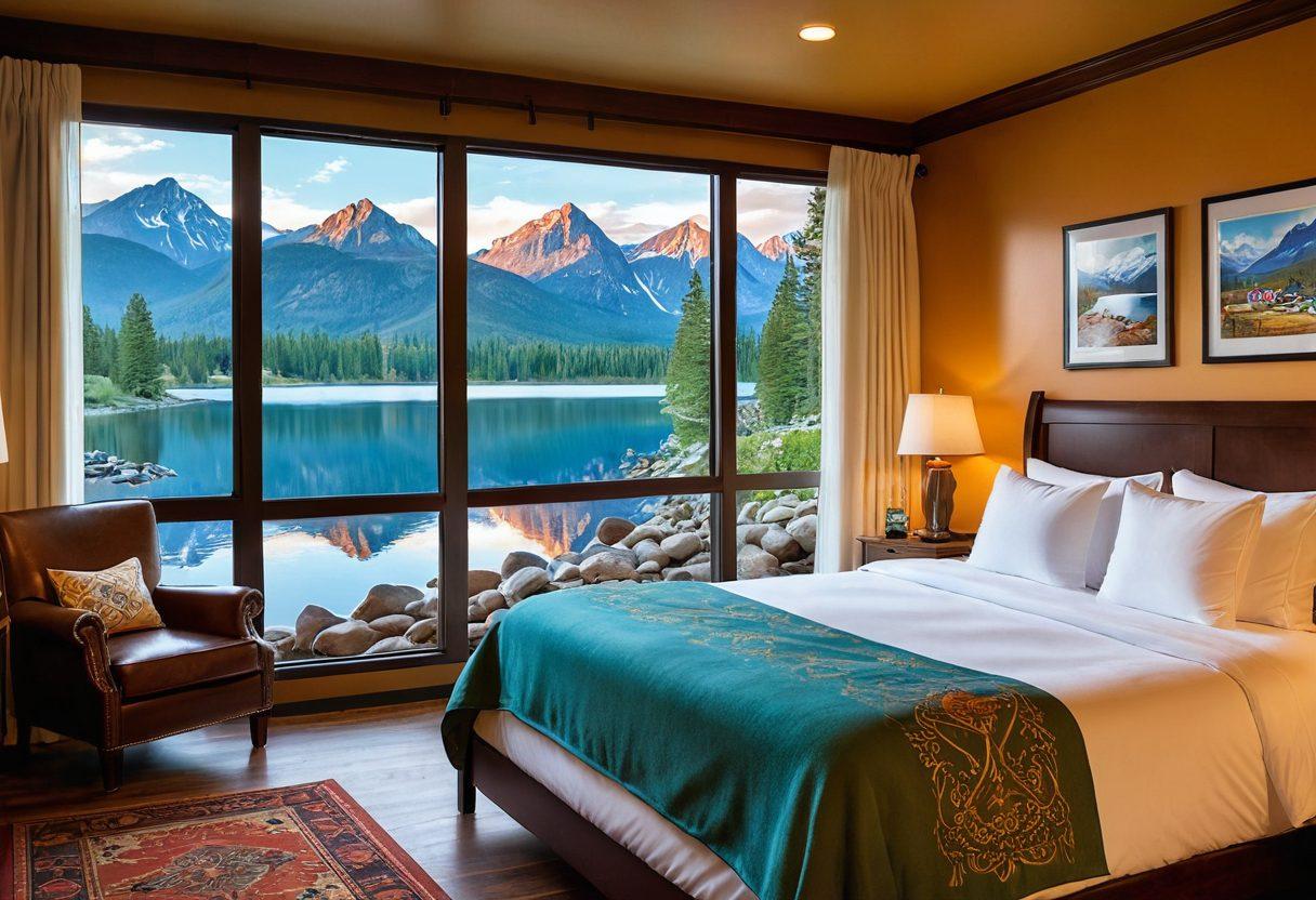 A cozy motel room with inviting decor, soft lighting, and plush bedding, complemented by a picturesque view of a local adventure spot through the window, like mountains or a lake. Include an inviting welcome sign outside the motel and playful adventure icons like hiking boots and bicycles. The atmosphere should exude warmth and comfort, encouraging exploration. vibrant colors. super-realistic.