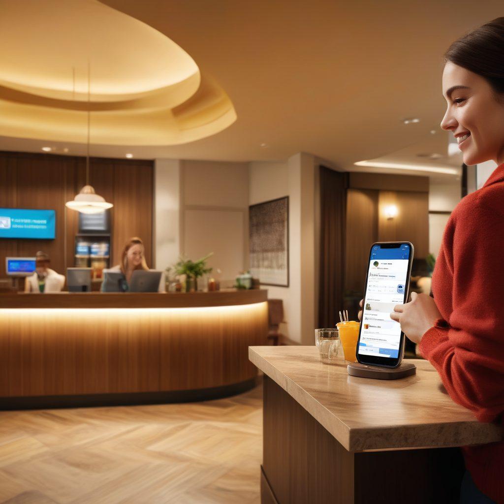A cozy, inviting hotel lobby with friendly staff welcoming guests, showcasing various inexpensive hotel room options in the background. The atmosphere is warm and lively, featuring smiling guests enjoying complimentary snacks and drinks. In the foreground, a smartphone displays a user-friendly hotel booking app with exceptional service ratings. The overall scene conveys affordability and top-notch service. super-realistic. vibrant colors. warm lighting.